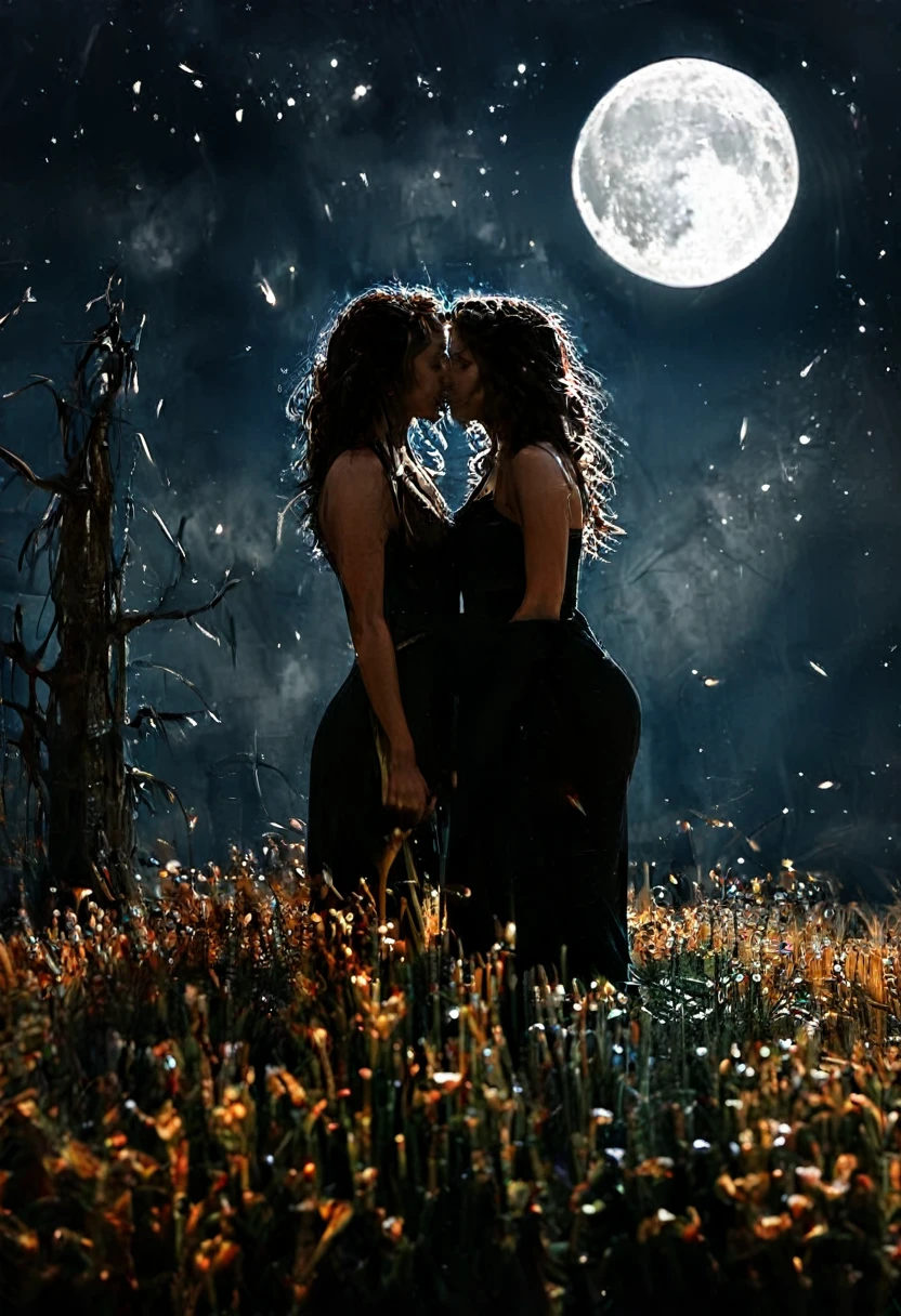 two nude sexy asian goth girls kissing in a dark forest under the moon light