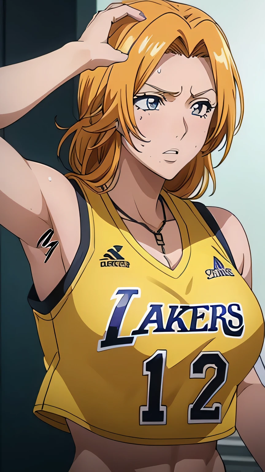 a close up of a person wearing a basketball uniform, a picture, inspired by Kentaro Miura, trending on pixiv, Rangiku Matsumoto, Bleach, wearing yellow nba jersey, yellow croptop nba jersey, wearing a low cut croptop, wearing croptop, croptop, the words "Lakers" written on the croptop, golden raito, (winking), shirobako, large)}], favorite scene, fine details. anime. skins, sweating, big breasts, both hands raised, armpits, armpits visible, dripping with sweat, more more sweat, sweaty armpits