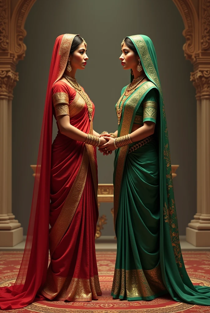 Two indian queens, one hindu (dressed in red )and one muslim (dressed in green), both dressed in their traditional attire of their own faith, stepping on eachothers feet