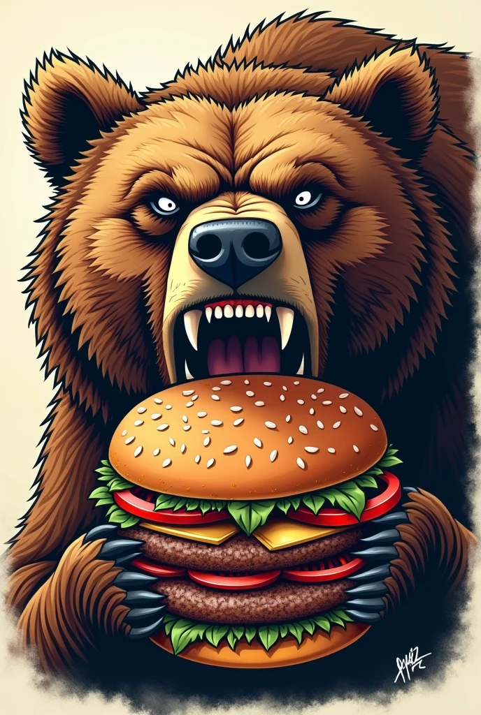 Design the face of an angry bear with a hamburger in the middle of its mouth and the numbers 402 in the middle of the hamburger. 

