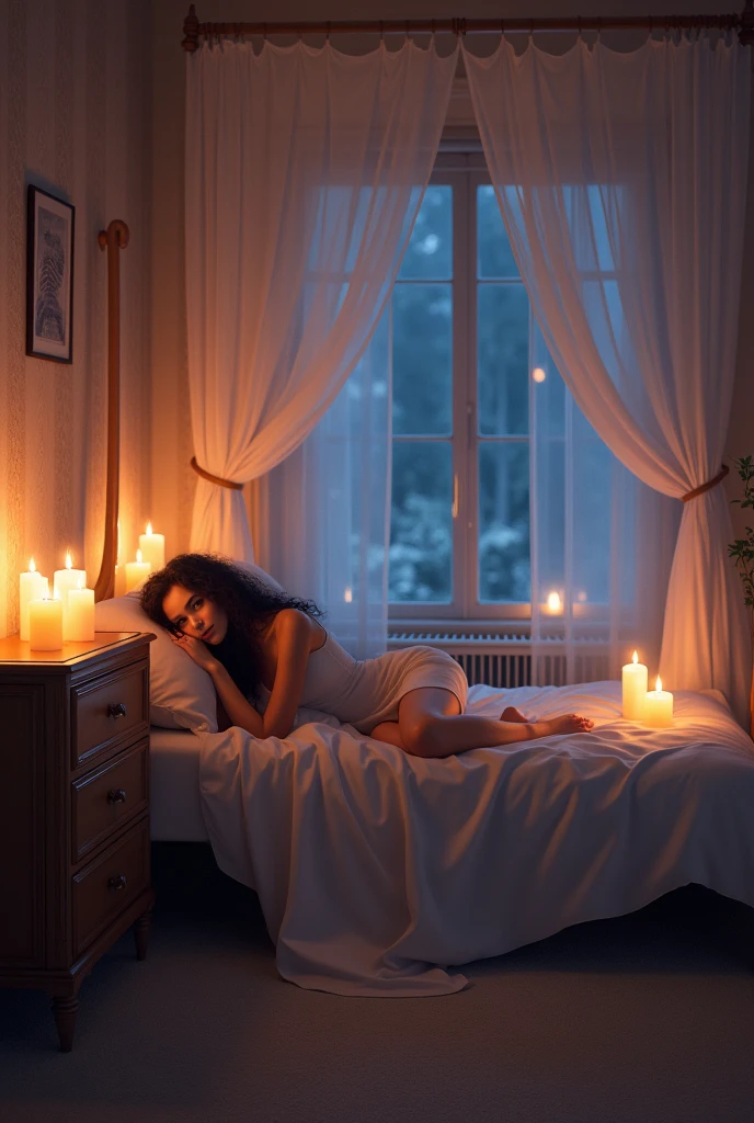 A large bed with an airy white canopy. There is a window behind the bed, it's night. White airy curtains hang on the window. Next to the bed is a chest of drawers, There are numerous candles on the dresser. All candles are lit and give off a beautiful atmospheric light. A beautiful woman with long dark curly hair lies on the bed. she lies on her back. She lies with her head at the foot end. Her head hangs a little over the foot end. She looks in my direction