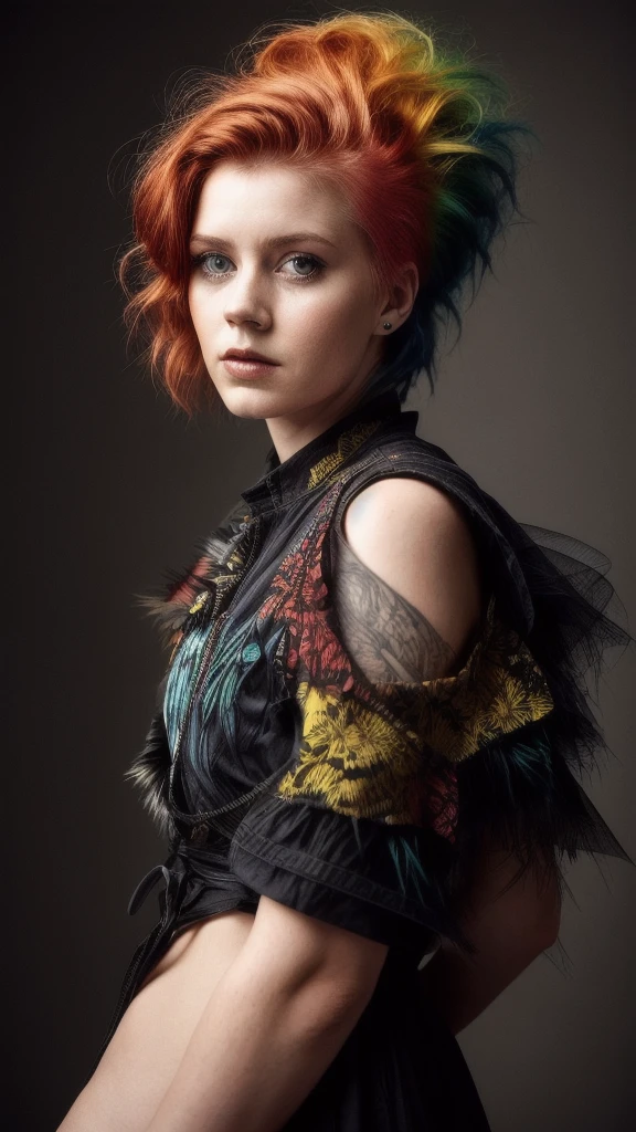 waist up portrait photo , amhx woman, by Flora Borsi, style by Flora Borsi, bold, bright colours, (rainbow Mohawk hair:1.1), (Flora Borsi)
