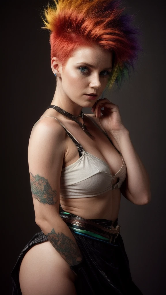 waist up portrait photo , amhx woman, by Flora Borsi, style by Flora Borsi, bold, bright colours, (rainbow Mohawk hair:1.1), (Flora Borsi)