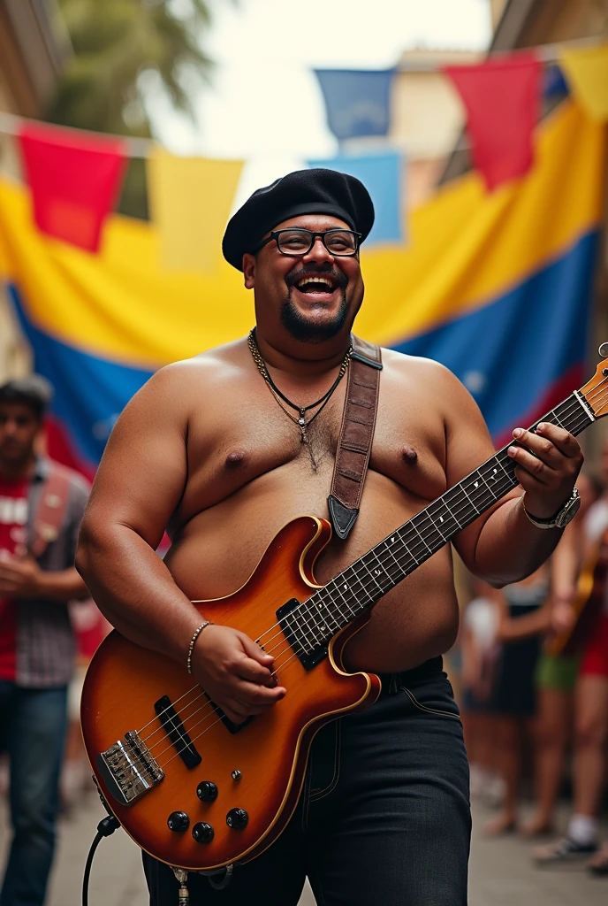 (Light-skinned tropical musician with no hair and a fat build playing babybass in a square dressed in the Venezuelan flag, smiling with glasses and a black beret