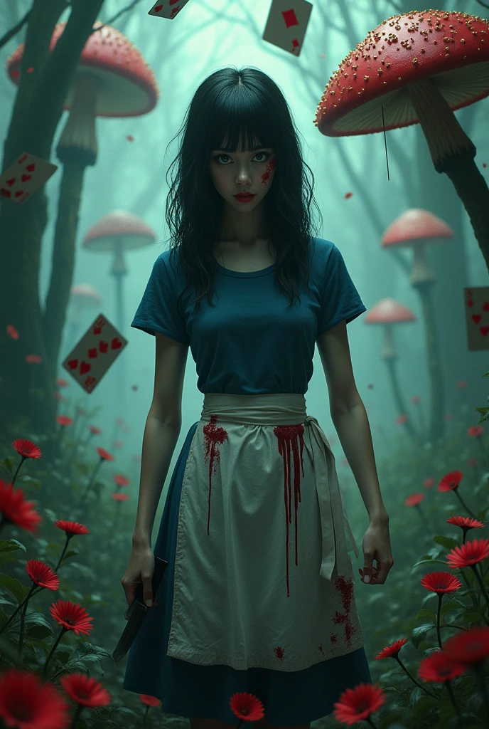 A movie poster, with a black haired, green eyed one, wearing a blue dress with a bloody white apron, and holding a knife in his hand, No fundo, a forest with giant mushrooms and red flowers, and playing cards falling from above