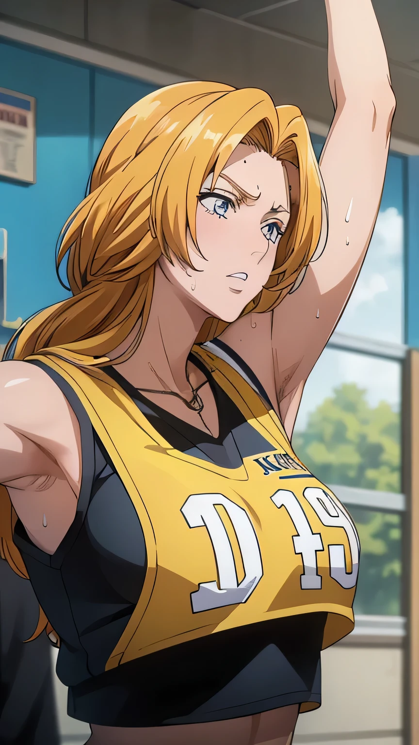 a close up of a person wearing a basketball uniform, a picture, inspired by Kentaro Miura, trending on pixiv, Rangiku Matsumoto, Bleach, wearing yellow nba jersey, yellow croptop nba jersey, wearing a low cut croptop, wearing croptop, croptop, the words "Lakers" written on the croptop, golden raito, (winking), shirobako, large)}], favorite scene, fine details. anime. skins, sweating, big breasts, both hands raised, armpits, armpits visible, dripping with sweat, more more sweat, sweaty armpits