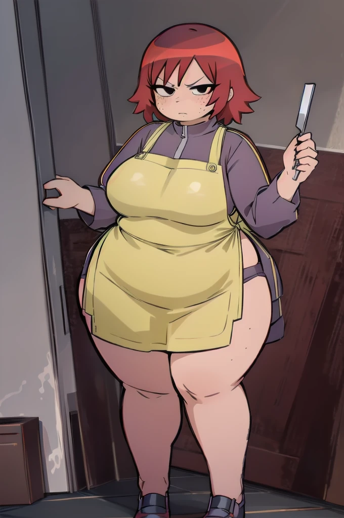 Who is new, indoors, Looking at the audience, 1 obese Girl, Solitary, angry, blush, Wide hips, Willow Waist, freckle, Red hair, black eyes:1.4, short hair, Fat Curvy beauty:1.4, BREAKMaid costume, apron, High Leg Raise, Thighs squeeze huge breasts