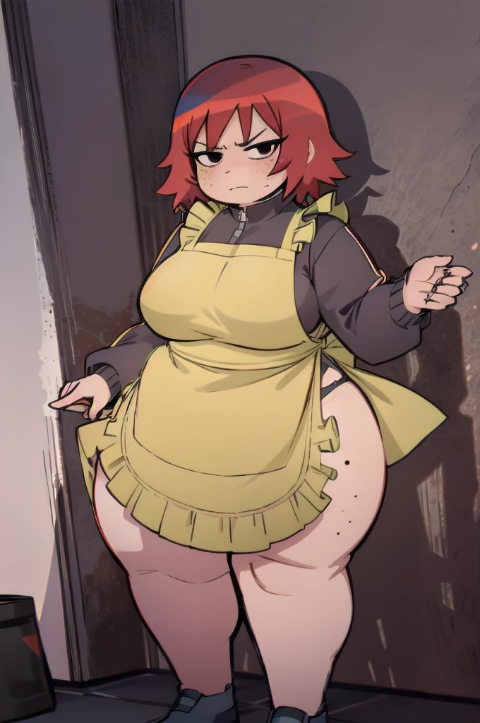 Who is new, indoors, Looking at the audience, 1 obese Girl, Solitary, angry, blush, Wide hips, Willow Waist, freckle, Red hair, black eyes:1.4, short hair, Fat Curvy beauty:1.4, BREAKMaid costume, apron, High Leg Raise, Thighs squeeze huge breasts