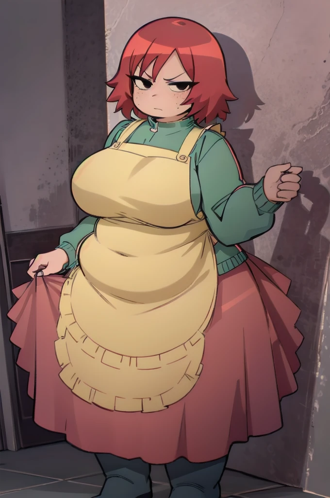 Who is new, indoors, Looking at the audience, 1 obese Girl, Solitary, angry, blush, Wide hips, Willow Waist, freckle, Red hair, black eyes:1.4, short hair, Fat Curvy beauty:1.4, BREAKMaid costume, apron, High Leg Raise, Thighs squeeze huge breasts