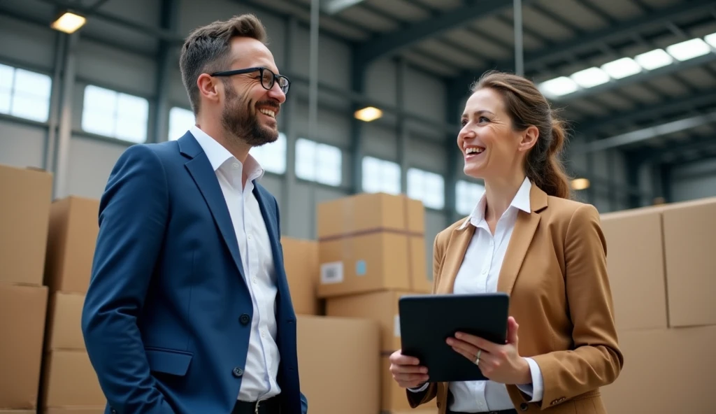 The image shows a man and a woman standing in a large warehouse with stacks of cardboard boxes in the background. The man is on the left side of the image, wearing a blue suit and glasses, and the woman on the right side is holding a black tablet. They are both smiling and appear to be engaged in a conversation. The warehouse has a high ceiling with high beams and large windows, and there are several rows of boxes stacked on top of each other. The boxes are of different sizes and colors, and they are arranged in neat rows. The overall atmosphere of the warehouse appears to be busy and organized.