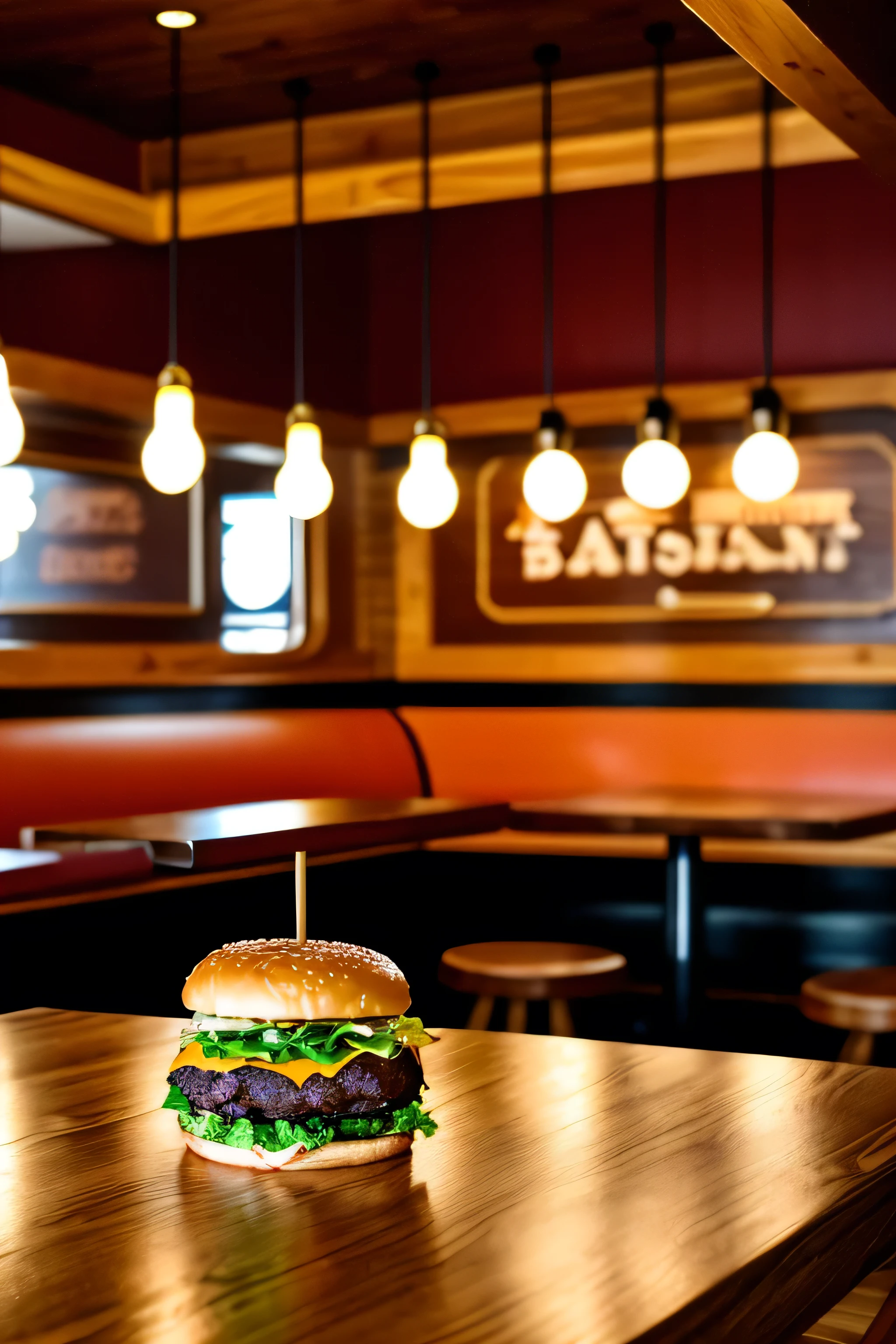 Create the ambiance of a classic burger joint with artisanal burgers, where there is a light and warm environment, that creates the desire to eat with a counter in the foreground very close by where you can include an object, use the focus of a wide angle camera focused on the wood of the counter