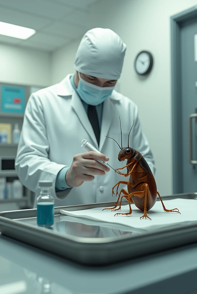 Doctor giving injection to cockroach in hospital 


