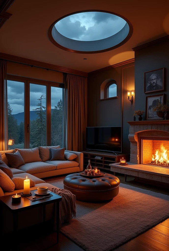 Large cozy den room, rainstorm dark clouds, L shaped comfy couch, pillows, blanket, fireplace, electric guitar, medium television, speakers, dimly lit, snacks on a small side table, hot coffee, whiskey, skylight, round window, sexy, homey, gentleman decor, candles
