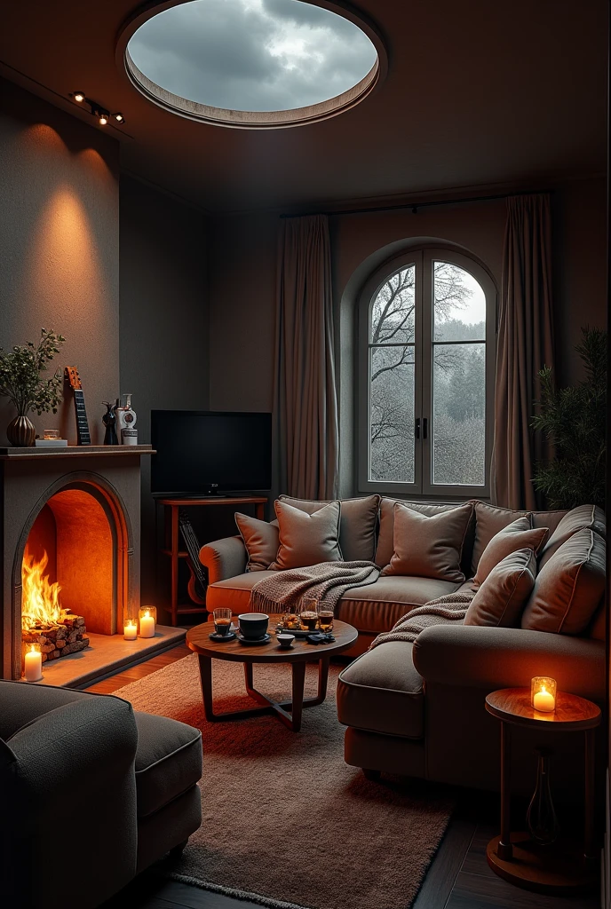 Large cozy den room, rainstorm dark clouds, L shaped comfy couch, pillows, blanket, fireplace, electric guitar, medium television, speakers, dimly lit, snacks on a small side table, hot coffee, whiskey, skylight, round window, sexy, homey, gentleman decor, candles