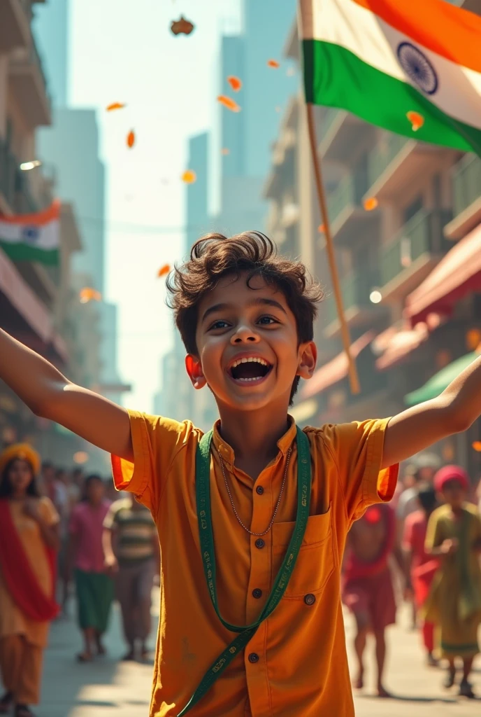 A young boy enjoying indian independence day in abroad countries. Make a background of atmosphere of western countries