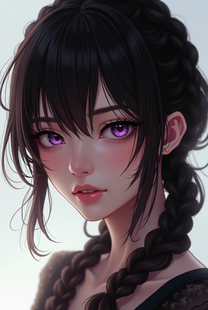 A woman with Braided bangs dark brown hair and purple eyes im mappa studio style