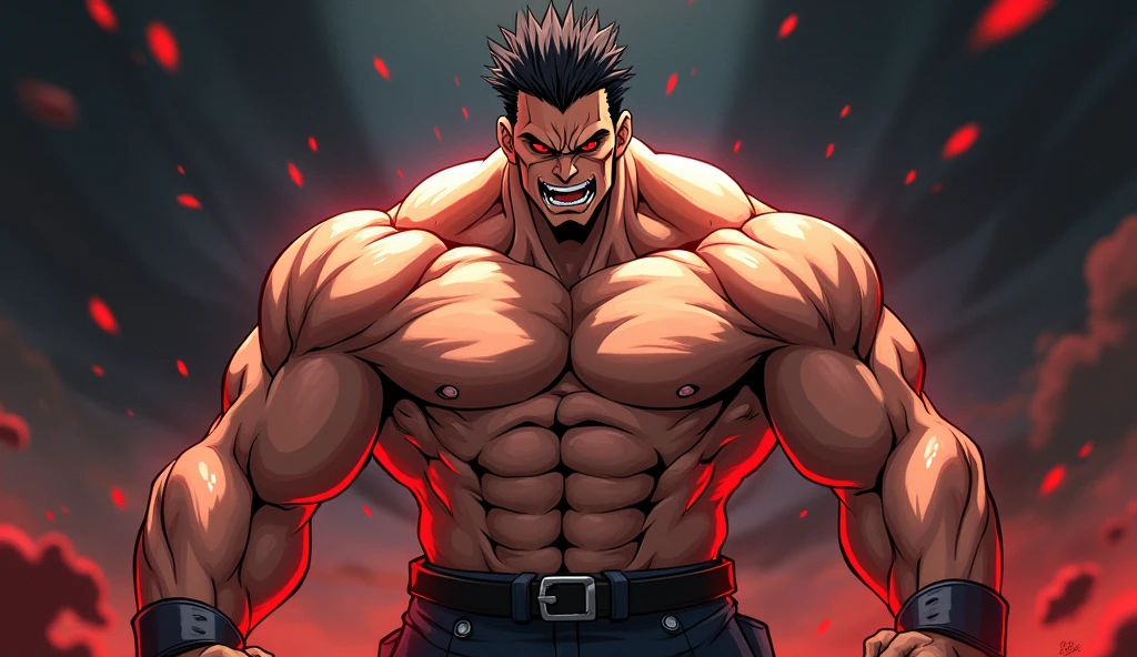 Anime young man with muscles and a very large body and sharp facial features and is very angry and has red eyes