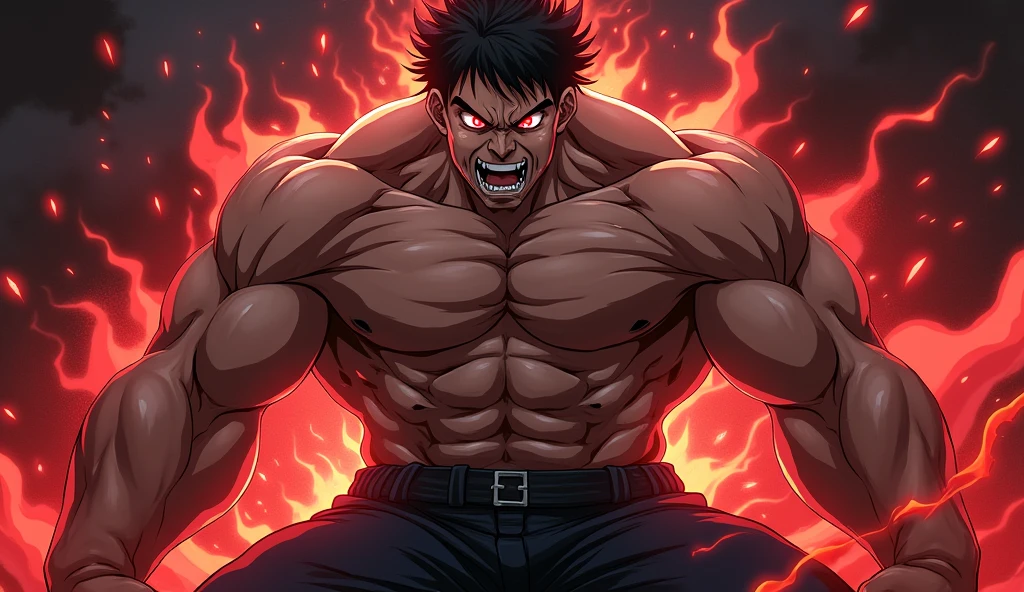 Anime young man with muscles and a very large body and sharp facial features and is very angry and has red eyes  