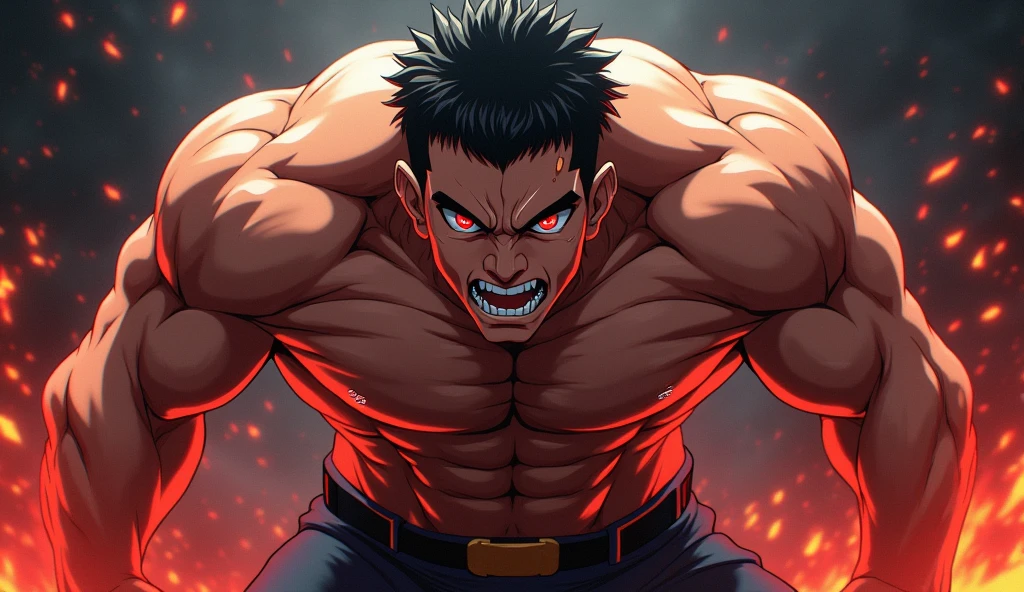 Anime young man with muscles and a very large body and sharp facial features and is very angry and has red eyes