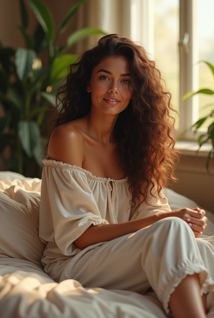 (photorealism:1.2), beautiful woman, sitting on bed, wearing loose off-shoulder top, pajama pants, long curly hair, indoors, soft lighting, plants in background, window with sunlight, cozy room, relaxed pose, realistic, intricate details, warm colors, by Greg Rutkowski, by Alphonse Mucha