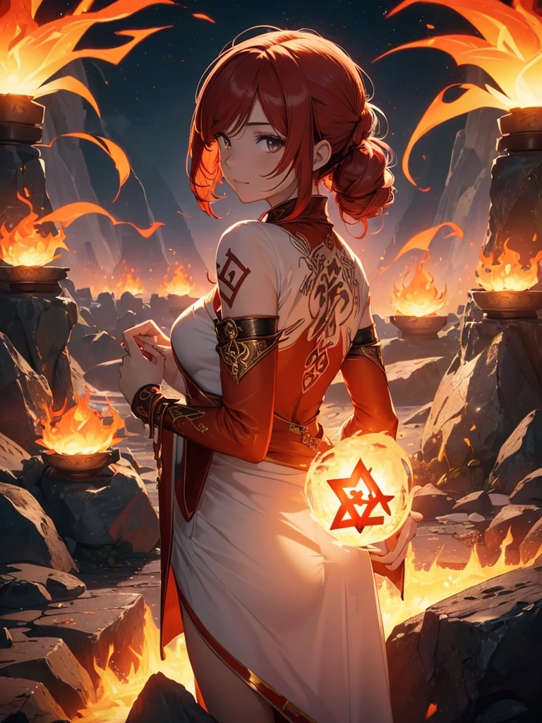 (((best quality, sharp image, clear image, cinematic lighting, 8k resolution, masterpiece, ultra detailed, intricate))) Girl, (((looking over shoulder))), shot from behind, ((half shot)), fire mage, cute, fiery red hair, pigtails in hair, (intricate dress), (white dress), ribbons in hair, smiling, fiery red, ((intricate Portal background)), ((fire magic)), candles, ((glowing runes on skin)), (flame patterns), ((fiery lotus flowers)), busy background., ((fire sigils)), (rock formations), Exploding rock, lavafalls, gauntlets, ((Red rubies)), busy background.