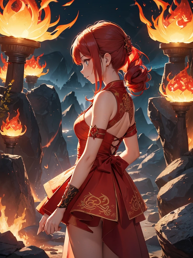 (((best quality, sharp image, clear image, cinematic lighting, 8k resolution, masterpiece, ultra detailed, intricate))) Girl, (((looking over shoulder))), shot from behind, ((half shot)), fire mage, cute, fiery red hair, pigtails in hair, (intricate dress), (white dress), ribbons in hair, smiling, fiery red, ((intricate Portal background)), ((fire magic)), candles, ((glowing runes on skin)), (flame patterns), ((fiery lotus flowers)), busy background., ((fire sigils)), (rock formations), Exploding rock, lavafalls, gauntlets, ((Red rubies)), busy background.