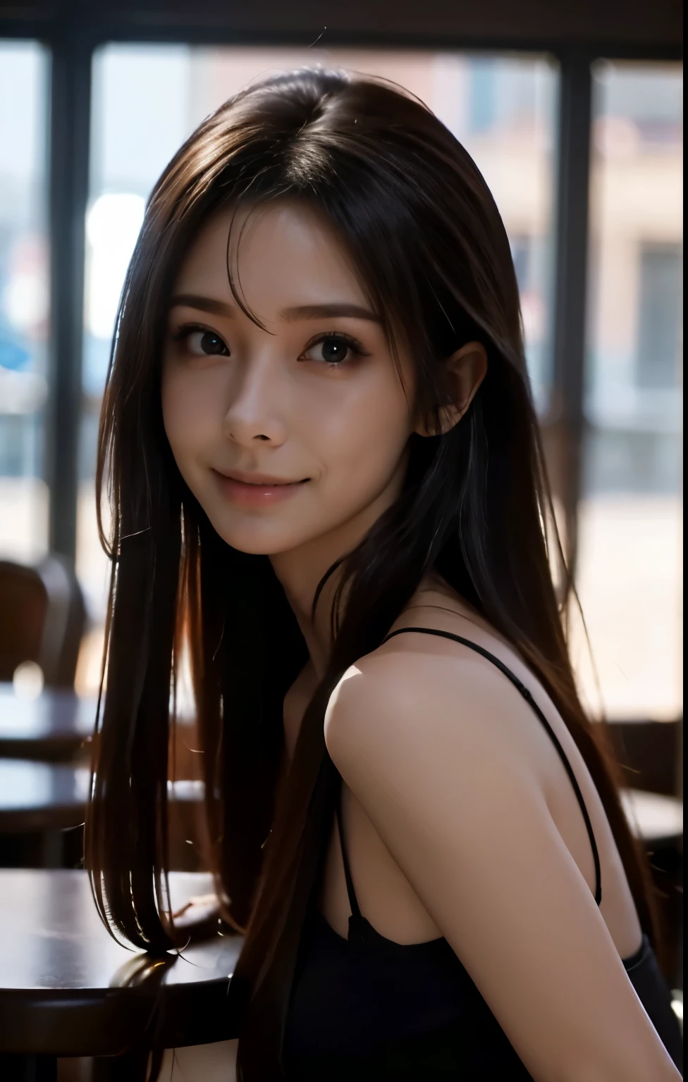 1woman,solo,28yo, beautiful, portrait, slender ,sitting at a table in a cafeteria , cinematic, dark night, upper body,8k,antiquity,Two dimensions,((light and shadow)),long hair,8k,