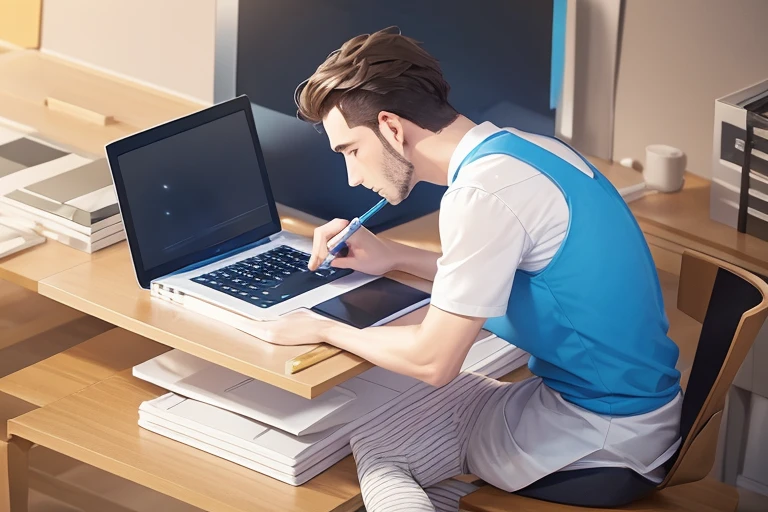 A man sitting in front of the computer writing how to create a blog.