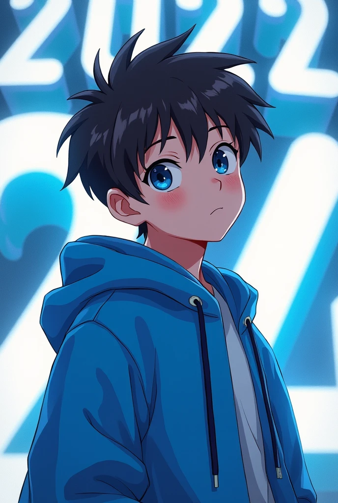 Anime teenager with a blue hoodie and dark brown hair with a background that says 2024 in white and blue background
