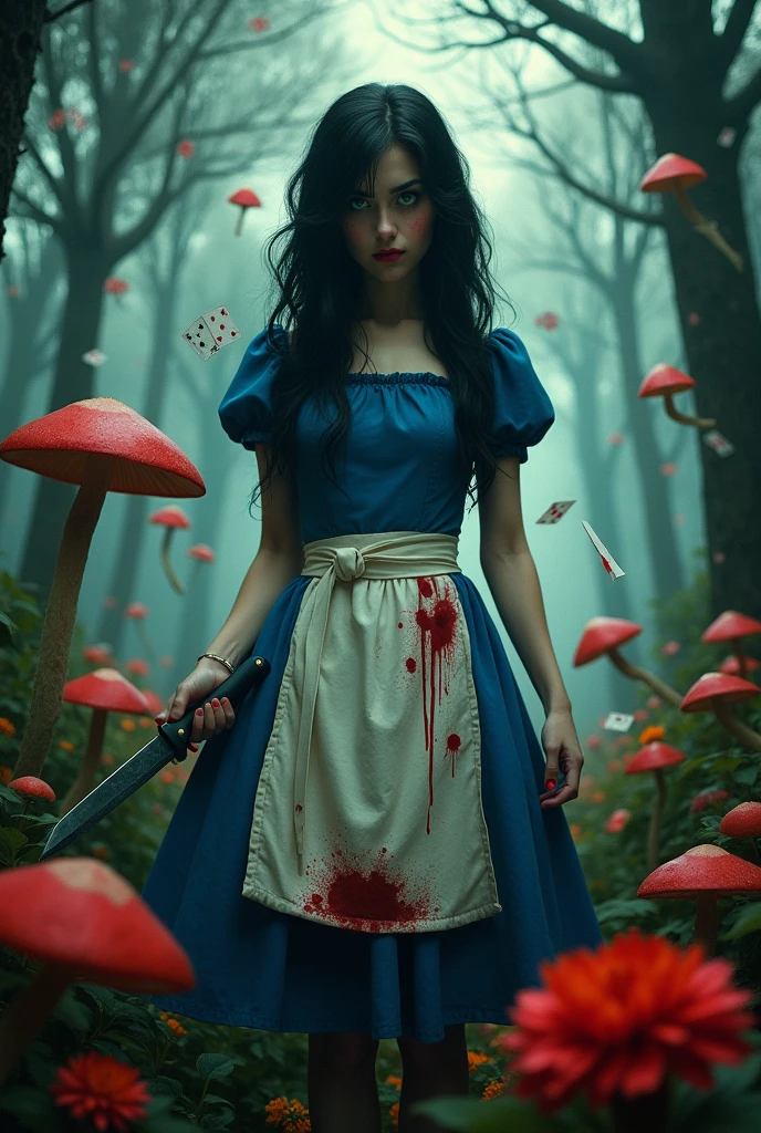 A movie poster, with a black haired, green eyed one, wearing a blue dress with a bloody white apron, and holding a knife in his hand, No fundo, a forest with giant mushrooms and red flowers, and playing cards falling from above