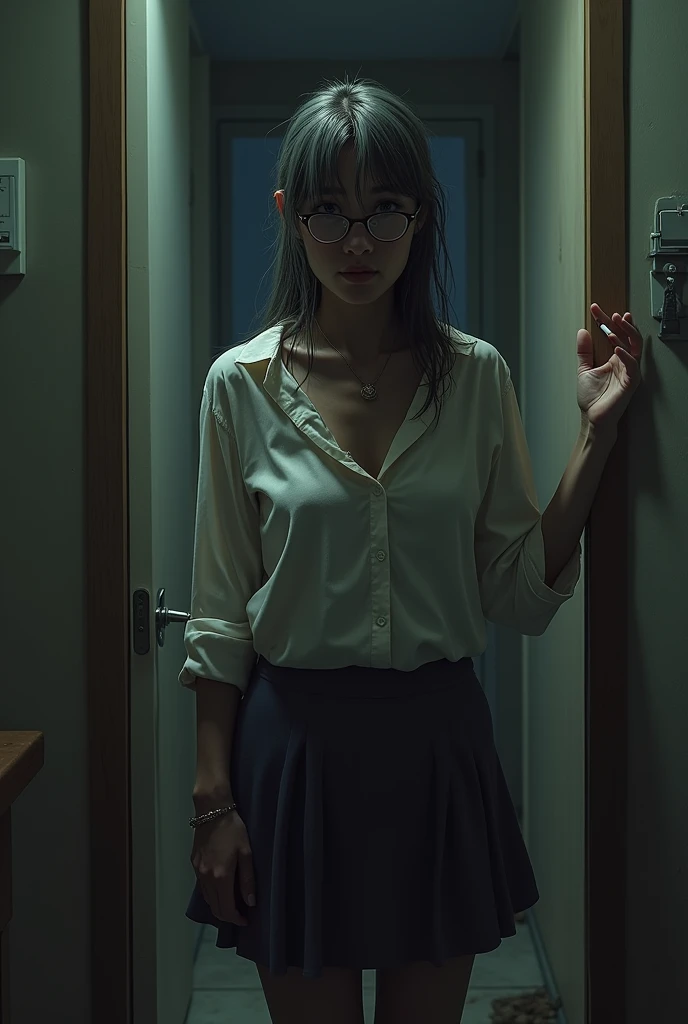 A 65 year old lady, with a thin and hunched body weighing 50 kilos and loose, wet hair and an easy-going, suffering expression.. She is wearing glasses, holding a cigarette in her right hand and with her left hand on the door frame, a short skirt with a length of 30 centimeters and a low-cut blouse. She is seen in front of a door that leads to a room and it is night time..