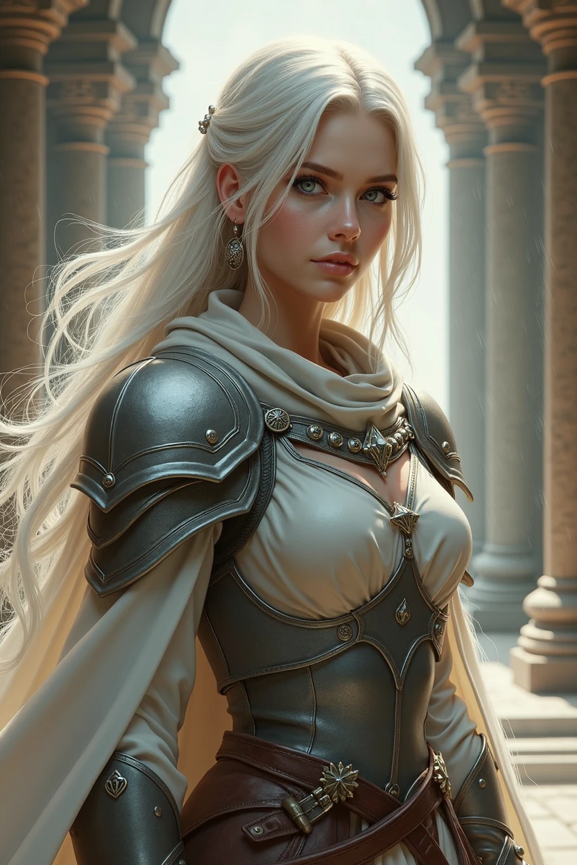(photorealism:1.2), cleric, young woman, wearing grey light armor, light grey leathers, blue eyes, long white hair, RPG, D&d, soft lighting, powerd pose, realistic, intricate details, warm colors, by Greg Rutkowski, by Alphonse Mucha