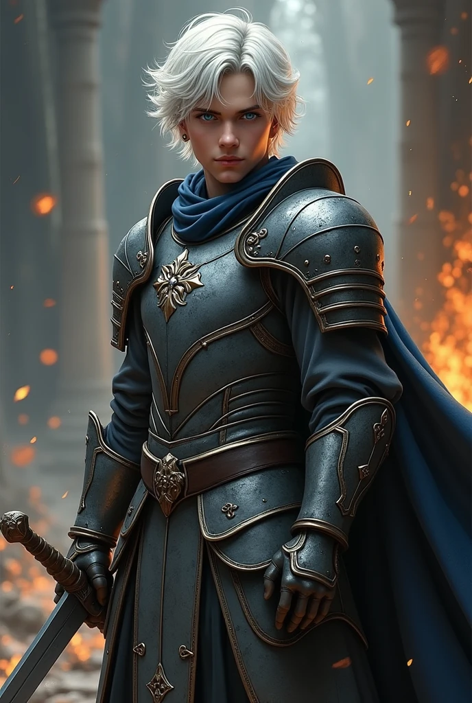 (photorealism:1.2), Paladin , young Men, wearing dark grey light armor with black details, blue eyes, medium white hair, fantastic, dark fantasy, RPG, D&d, powerd pose, realistic, intricate details, warm colors, by Greg Rutkowski, by Alphonse Mucha