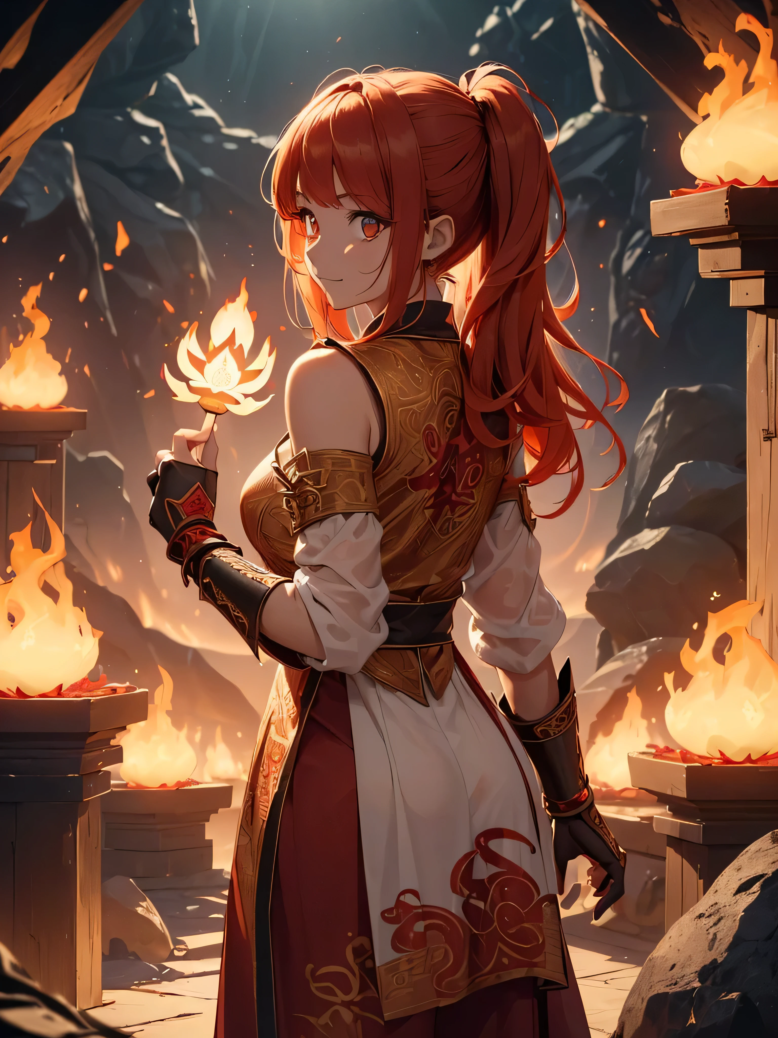 (((best quality, sharp image, clear image, cinematic lighting, 8k resolution, masterpiece, ultra detailed, intricate))) Girl, (((looking over shoulder))), shot from behind, ((half shot)), fire mage, cute, fiery red hair, pigtails in hair, (intricate dress), (white dress), ribbons in hair, smiling, fiery red, ((intricate Portal background)), ((fire magic)), candles, ((glowing runes on skin)), (flame patterns), ((fiery lotus flowers)), busy background., ((fire sigils)), (rock formations), Exploding rock, lavafalls, gauntlets, ((Red rubies))