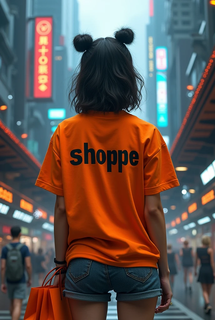 Cyberpunk with orange shirts with “shoppe” written on the back holding a shopping bag (Woman)