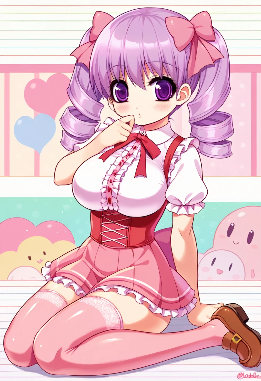 Cute, woman, pastel long lavender hair, curly twintails, purple eyes, big breasts, hourglass body, small waist, ruffle pastel bow blouse, pastel skirt, Mary Jane’s, white lacy stockings, sitting on knees, yandere, bloody