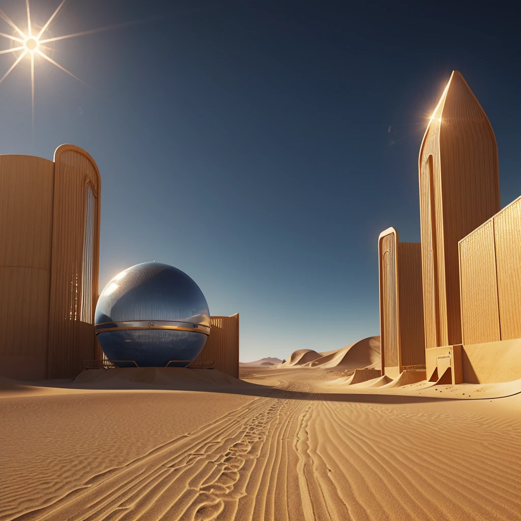 hyperrealistic drawing, with lines measuring distance between lines and curves of the object in question.An abandoned city on a desert planet, covered by golden sand, right side with RASO logo with futuristic chrome metal letters, precise and reflective contours, Background transparent., image base with Ocean Waves: Navy blue background with slight waves in shades of light blue and white