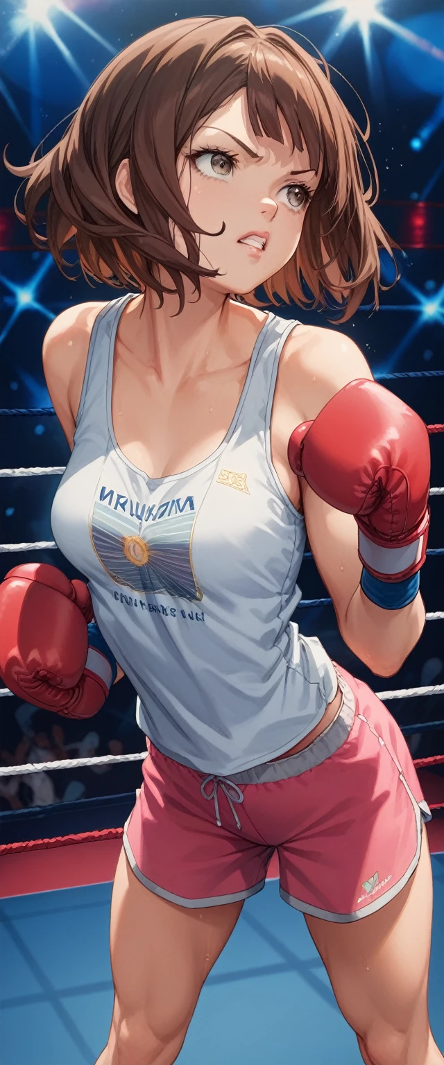 1woman, solo, muscular, Six Pack, athlete, Tension, Tense expression, Mouthpiece, Tank top, Shorts, short hair, boxing, Fighting Pose, Leaning forward, She holds both gloves under face to intimidate opponent, boxing ring, watching the situation, Brown Hair, small breasts, boxer、illumination、cheering crowd