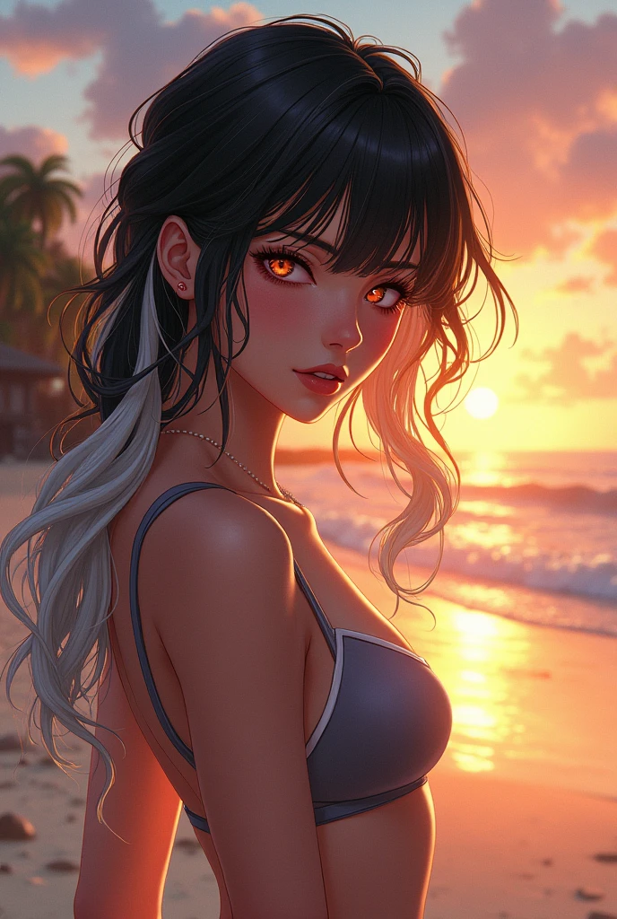 work of art, best qualityer, ultra detali, illustration,, hanekawashorthair, 1 girl, whole body, , eyes black, multicolored hair, Bblack hair, White hair,, swimsuit wear,, detailed back ground, estilo mksts, beachfront, sunset,