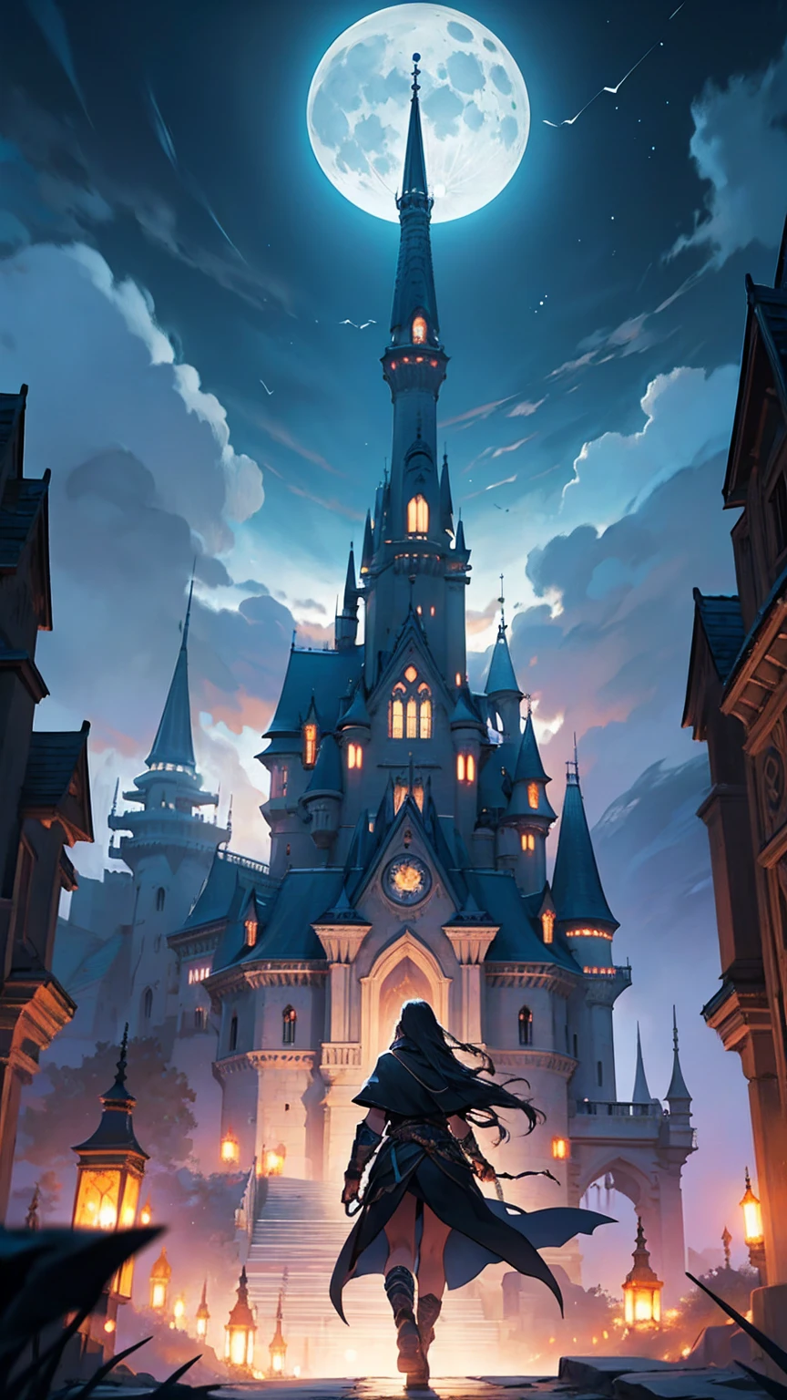 A warrior, cloaked in shadow beneath the waning moon's light, strides purposefully along the beach towards an imposing castle atop a hill. The anime-style illustration captures every intricate detail: the warrior's sharp features, the castle's majestic turrets, the moon's ethereal glow. The rich color palette and subtle shading create a mesmerizing world filled with mystery and intrigue. This breathtaking painting blends fantasy and reality seamlessly, drawing the viewer into a captivating narrative of adventure and determination.