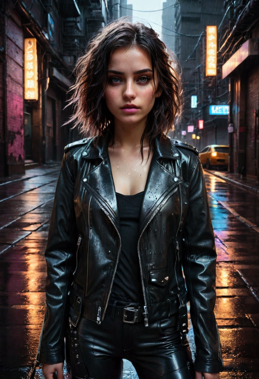 1girl, a black leather jacket, detailed leather texture, metal zippers, silver hardware, street style, urban environment, cityscape background, moody lighting, dramatic shadows, high contrast, cinematic, gritty, gothic, cyberpunk, neon lights, rain effects, wet look, 8k, highres, masterpiece, best quality, very aesthetic, absurdres