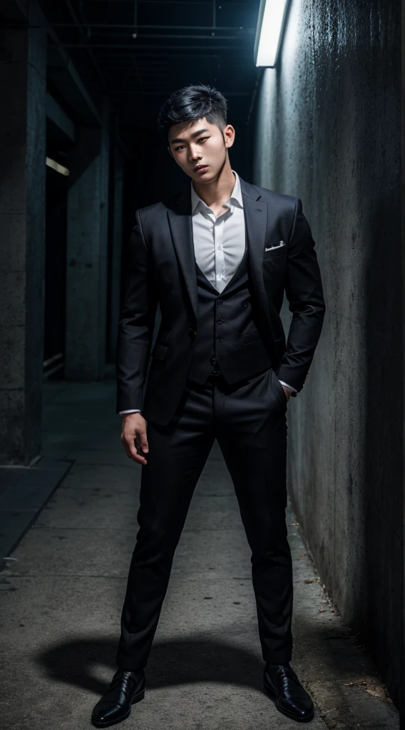 full body photo of a young Korean man, 20 years old, light skin, black hair, muscular, inspired by the actor Lee Jun-ho, he is just wearing a long black suit, nothing underneath in a completely dark place, posing for a photo, multiple poses, ultra-realistic, 8k.