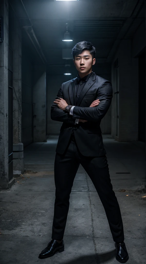 full body photo of a young Korean man, 20 years old, light skin, black hair, muscular, inspired by the actor Lee Jun-ho, he is just wearing a long black suit, nothing underneath in a completely dark place, posing for a photo, multiple poses, ultra-realistic, 8k.