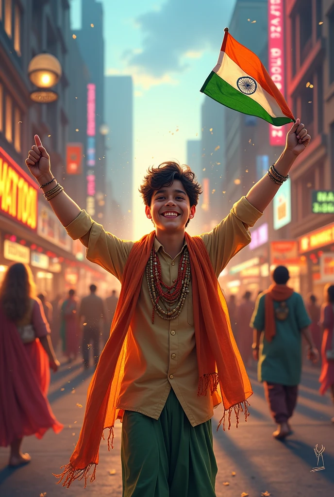 A boy enjoying indian independence day in abroad countries. Make a background of atmosphere of western countries