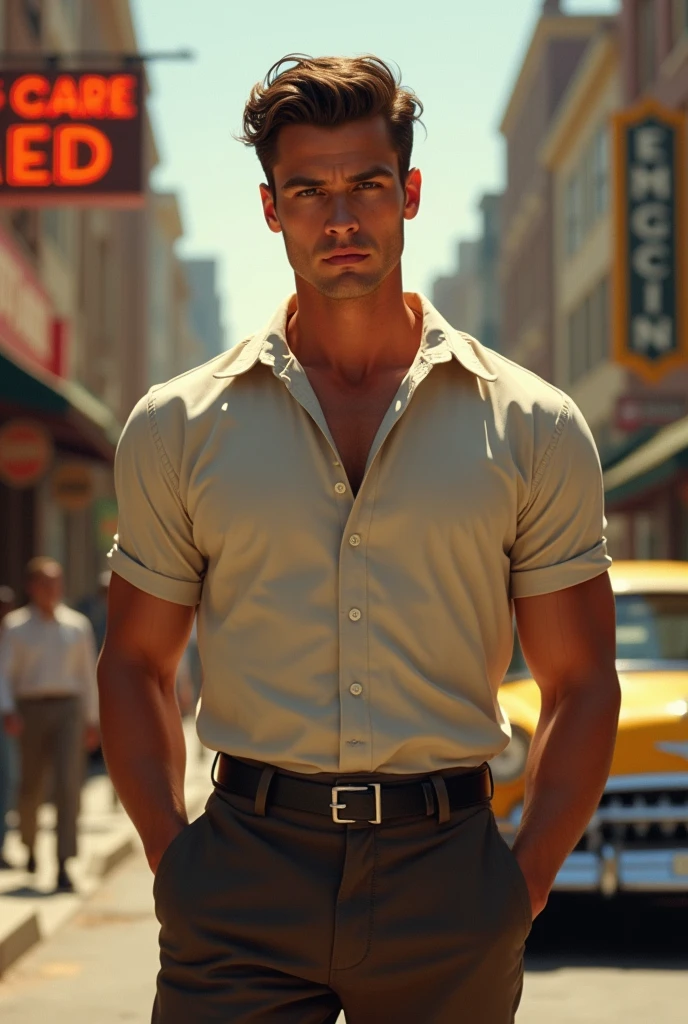 ilustracion+fotografia+norman_rockwell generar imagenes con el modelo, latino, cuerpo esbelto musculoso, muy guapo, apoyado a un streetlight (2031): Context: City street night. Model: Man with unbuttoned shirt. Elements: street light shirtless, shorts. Expression: Relaxation and seduction.