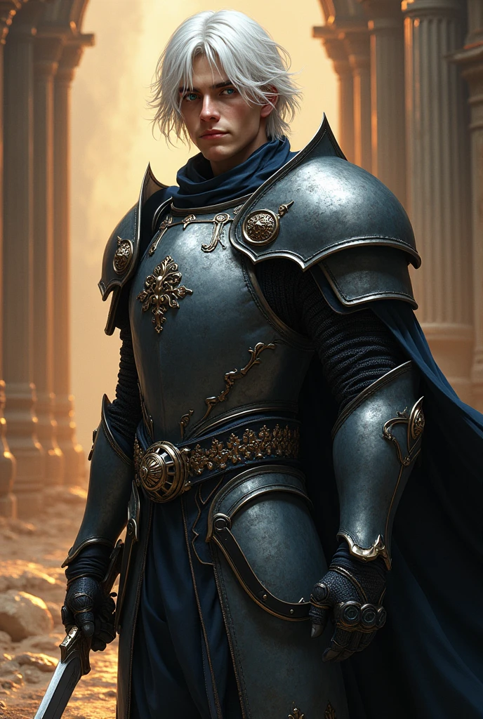 (photorealism:1.2), Paladin , strong young Men, wearing dark grey light armor with black details, blue eyes, medium white hair, fantastic, dark fantasy, RPG, D&d, powerd pose, realistic, intricate details, warm colors, by Greg Rutkowski, by Alphonse Mucha