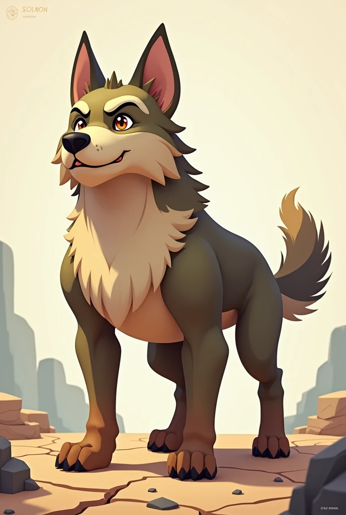 Create a 3D stylized illustration for 'Quartz,' a dog-like creature aligned with the earth element, in a grounded, guarding pose. The art style should reflect the clean, sturdy aesthetic of the SOLMON logo, with bold lines and earthy tones. Quartz should be shown standing firm, with the ground cracking around it as it prepares to defend with a protective barrier of stones. The background should include minimalistic digital and earthy elements that enhance the earth theme, resulting in a strong yet resilient visual impact.