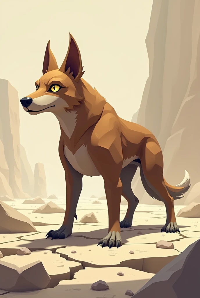 Create a 3D stylized illustration for 'Quartz,' a dog-like creature aligned with the earth element, in a grounded, guarding pose. The art style should reflect the clean, sturdy aesthetic of the SOLMON logo, with bold lines and earthy tones. Quartz should be shown standing firm, with the ground cracking around it as it prepares to defend with a protective barrier of stones. The background should include minimalistic digital and earthy elements that enhance the earth theme, resulting in a strong yet resilient visual impact.