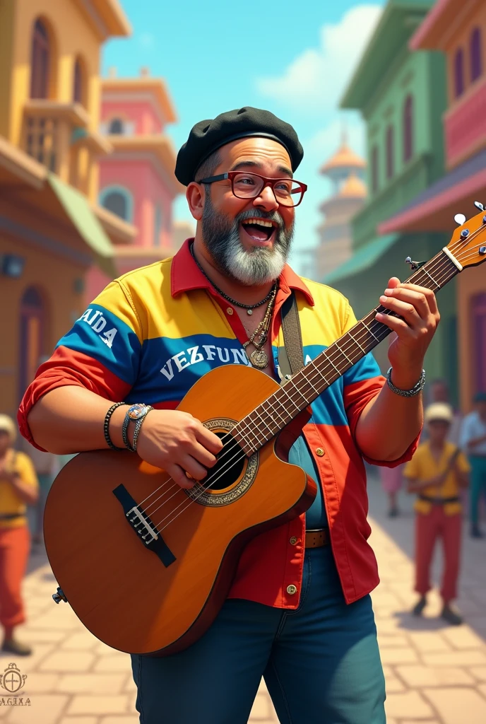 (Light-skinned tropical musician with no hair and a fat build playing babybass in a square dressed in an Indian shirt with the Venezuelan flag smiling with glasses and a black beret