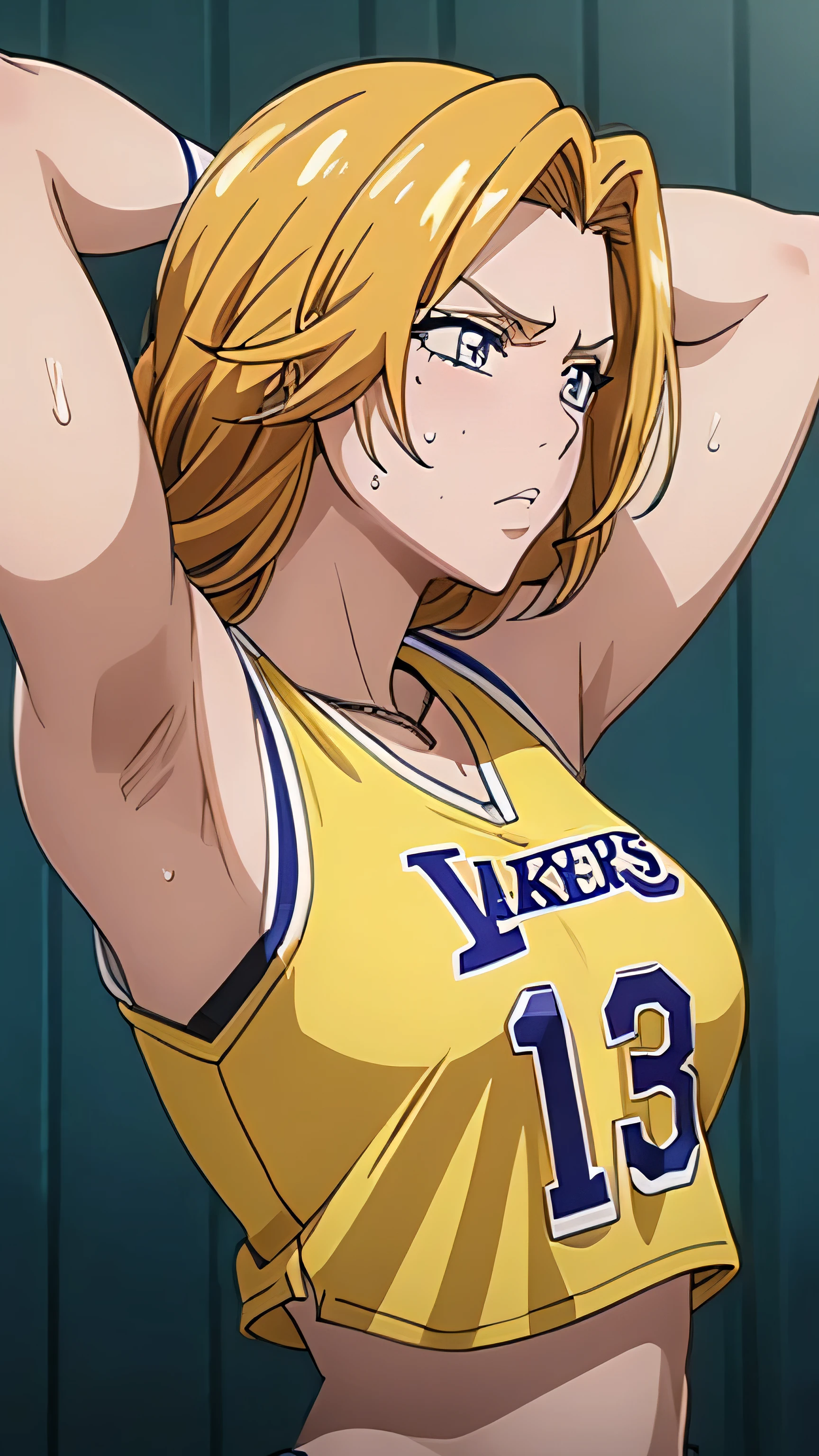 a close up of a person wearing a basketball uniform, a picture, inspired by Kentaro Miura, trending on pixiv, Rangiku Matsumoto, Bleach, wearing yellow nba jersey, yellow croptop nba jersey, wearing a low cut croptop, wearing croptop, croptop, the words "Lakers" written on the croptop, golden raito, (winking), shirobako, large)}], favorite scene, fine details. anime. skins, sweating, big breasts, both hands raised, armpits, armpits visible, dripping with sweat, more more sweat, sweaty armpits
